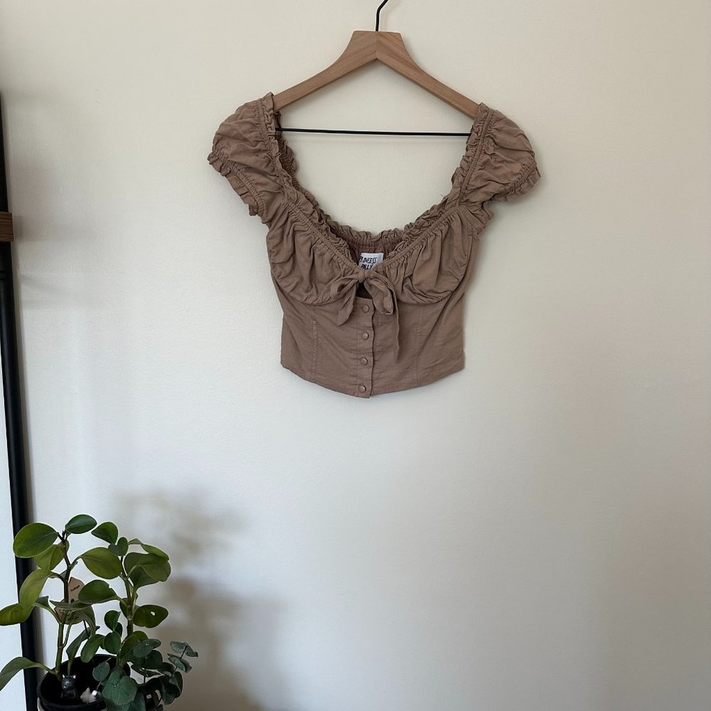 Princess Polly Tan Puff Sleeve Tie Front Crop Top